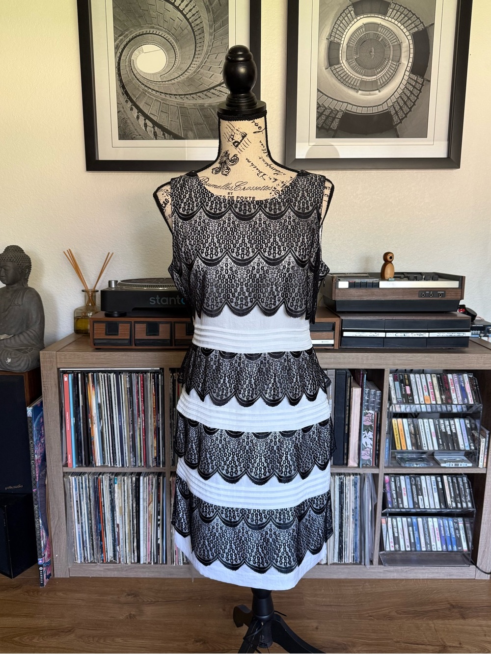 BCBGMaxAzria Black & White Scalloped Lace Midi Dress